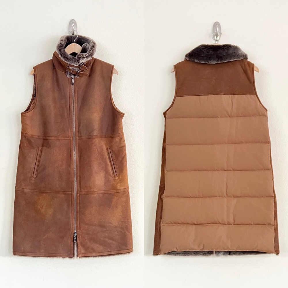 WOLFIE FUR Merino Shearling Long Goose Down Puffer Vest in Tabacco Brown